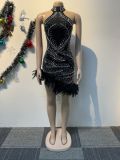 Hot Drill Feather Sleeveless Pearl Mini Dress NY-3191