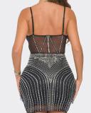 Hot Drill Mesh Splicing Sling Mini Dress NY-3196