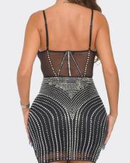Hot Drill Mesh Splicing Sling Mini Dress NY-3196