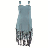 Plus Size Denim Sleeveless Sling Tassel Long Dress GDAM-218603