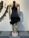 Hot Drill Feather Sleeveless Pearl Mini Dress NY-3191