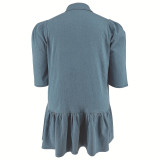 Plus Size Denim Lapel Short Sleeve Loose Casual Dress GDAM-218601