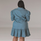 Plus Size Denim Lapel Short Sleeve Loose Casual Dress GDAM-218601