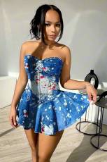 Fashion Denim Print Ruffle Mini Dress MEM-88585