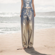 Stamped Gold High-waisted Straight Jeans XCFF-67353