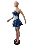Fashion Denim Print Ruffle Mini Dress MEM-88585