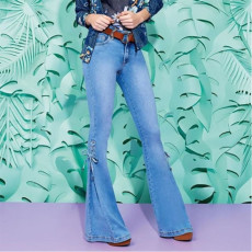 Plus Size Solid Color High Waist Tie Up Flare Jeans XCFF-0040