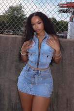 Embroidered Backless Vest Denim Two Piece Skirt Set MEM-88583