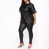 Plus Size Solid Color Short Sleeve Pants Set OSIF-3382