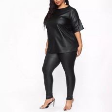 Plus Size Solid Color Short Sleeve Pants Set OSIF-3382