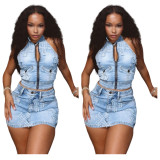 Embroidered Backless Vest Denim Two Piece Skirt Set MEM-88583