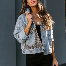 Leopard Print Splicing Long Sleeve Denim Coat XCFF-993