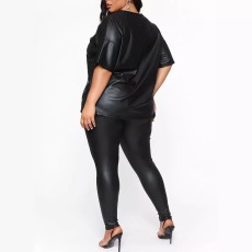 Plus Size Solid Color Short Sleeve Pants Set OSIF-3382