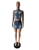 Embroidered Backless Vest Denim Two Piece Skirt Set MEM-88583