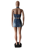 Embroidered Backless Vest Denim Two Piece Skirt Set MEM-88583