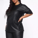 Plus Size Solid Color Short Sleeve Pants Set OSIF-3382