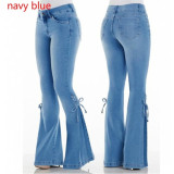 Plus Size Solid Color High Waist Tie Up Flare Jeans XCFF-0040