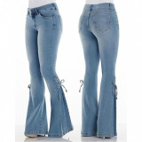 Plus Size Solid Color High Waist Tie Up Flare Jeans XCFF-0040