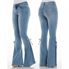 Plus Size Solid Color High Waist Tie Up Flare Jeans XCFF-0040