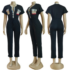 Short Sleeve Lapel Plaid Splicing Jumpsuit(With Mask) GYSF-6215
