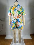 Wave Lace Print Short Sleeve Shirt Two Piece Short Set TE-4686