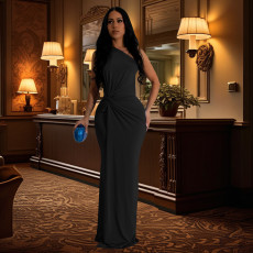One-shoulder Solid Color Evening Dress BY-6940