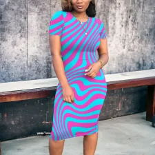 Plus Size Stripe Print Short Sleeve Midi Dress PN-8004