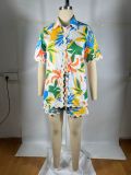Wave Lace Print Short Sleeve Shirt Two Piece Short Set TE-4686