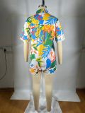 Wave Lace Print Short Sleeve Shirt Two Piece Short Set TE-4686