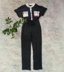 Short Sleeve Lapel Plaid Splicing Jumpsuit(With Mask) GYSF-6215