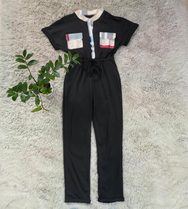 Short Sleeve Lapel Plaid Splicing Jumpsuit(With Mask) GYSF-6215