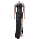 Single Shoulder Sleeveless Hot Drill Maxi Dress BY-6961