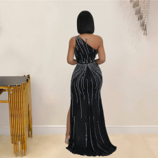 Single Shoulder Sleeveless Hot Drill Maxi Dress BY-6961