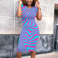 Plus Size Stripe Print Short Sleeve Midi Dress PN-8004
