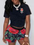 Short Sleeve Print O Neck Casual Shorts Set GYXF-8036