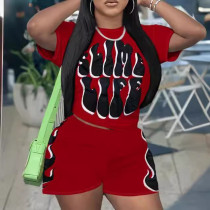 Short Sleeve Print O Neck Casual Shorts Set GYXF-8036