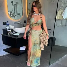 Sexy Hollow Out Print Halter Maxi Dress XEF-46937