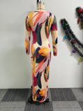 Print Long Sleeve Hollow Out Maxi Dress NY-10808