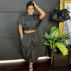 Solid Loose Short Sleeve Tie Up Two Piece Pants Set WAF-77671