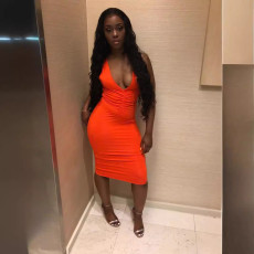 Solid Sleeveless Deep V Neck Midi Dress LSL-0004