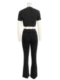 Short Sleeve Wash Zipper Tops Flare Pant 2 Piece Set CH-24035