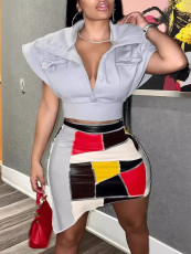 Color Block Sleeveless Pullover Print Skirt Suit GFTF-881157896