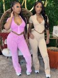 Short Sleeve Wash Zipper Tops Flare Pant 2 Piece Set CH-24035