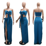 Cross Wrap Chest  High Split Tassel Long Skirt Suit CYA-901225