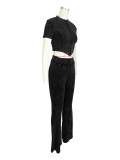 Short Sleeve Wash Zipper Tops Flare Pant 2 Piece Set CH-24035