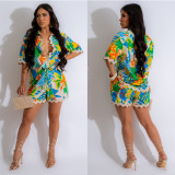 Printed Wave Lace Short Sleeve Shirt Two Piece Short Set YNSF-2650
