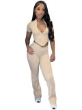 Short Sleeve Wash Zipper Tops Flare Pant 2 Piece Set CH-24035