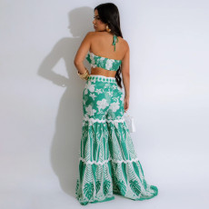 Print Lace-Up Bustier Top Loose Wide-Leg Pants Set CYA-901241