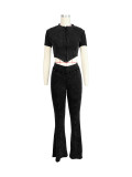 Short Sleeve Wash Zipper Tops Flare Pant 2 Piece Set CH-24035