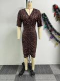 Printed V-neck Drawstring Waist-slim Midi Dress  NY-10806